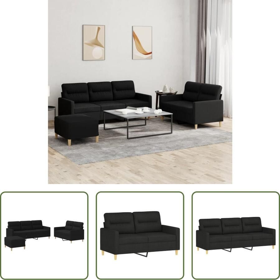 The Living Store 3-delige loungeset met kussens stof zwart Loungeset Bank Sofa Buitenmeubel Tuinset - Foto 2