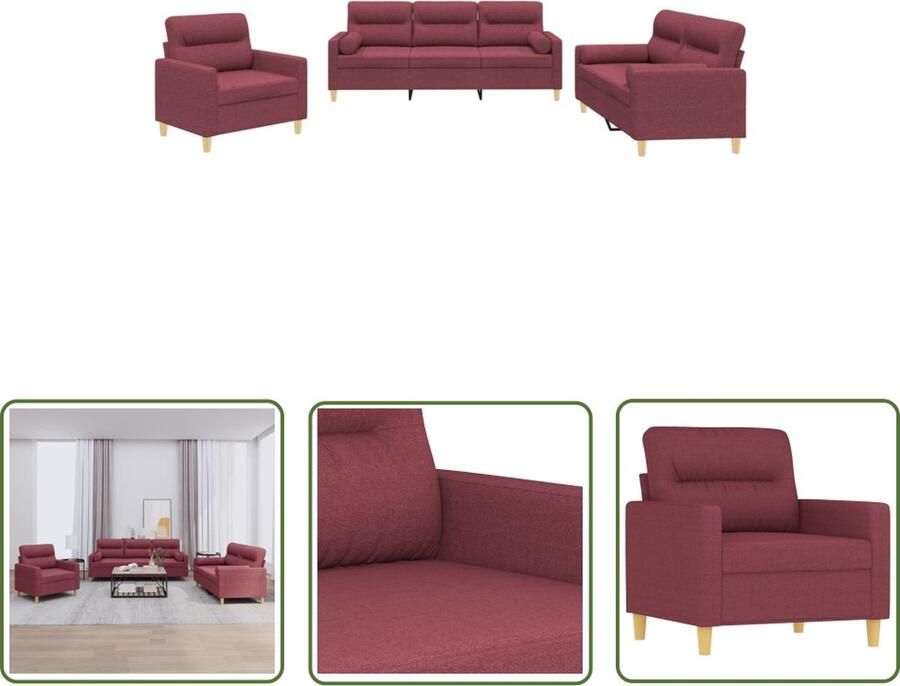 The Living Store 3-delige Loungeset met kussens stof wijnrood Loungeset Tuinmeubilair Buitenkamer Rood Meubilair Loungebank - Foto 2