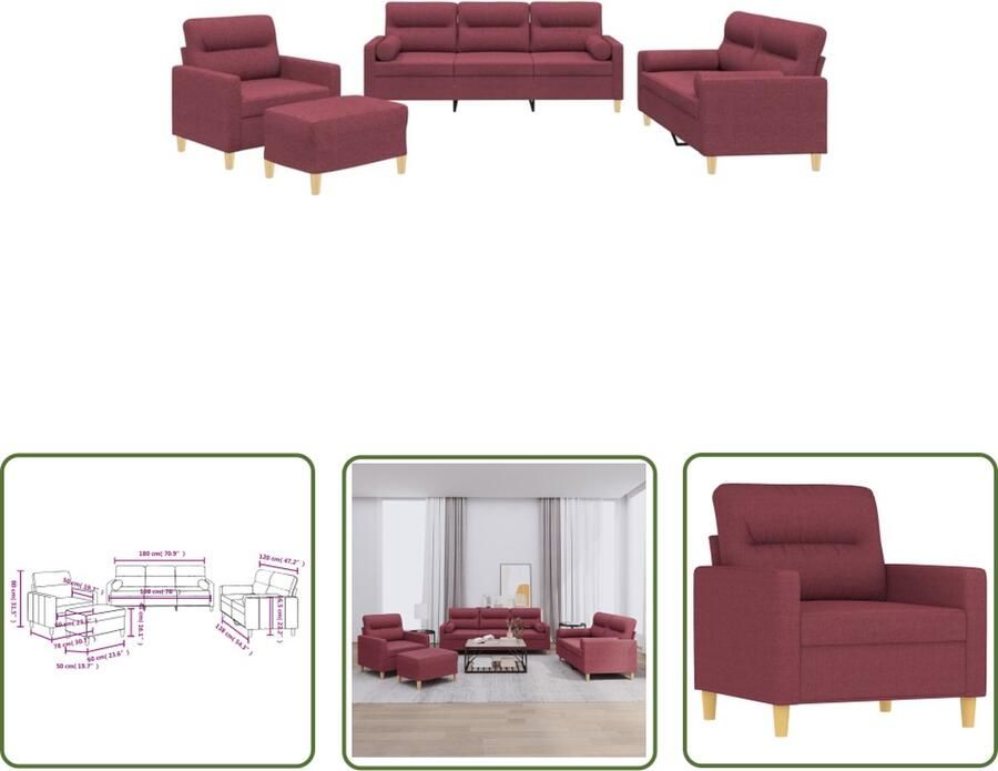The Living Store 4-delige Loungeset met kussens stof wijnrood Loungeset Loungemeubilair Tuinset Buitendecoratie Rood Meubilair - Foto 2