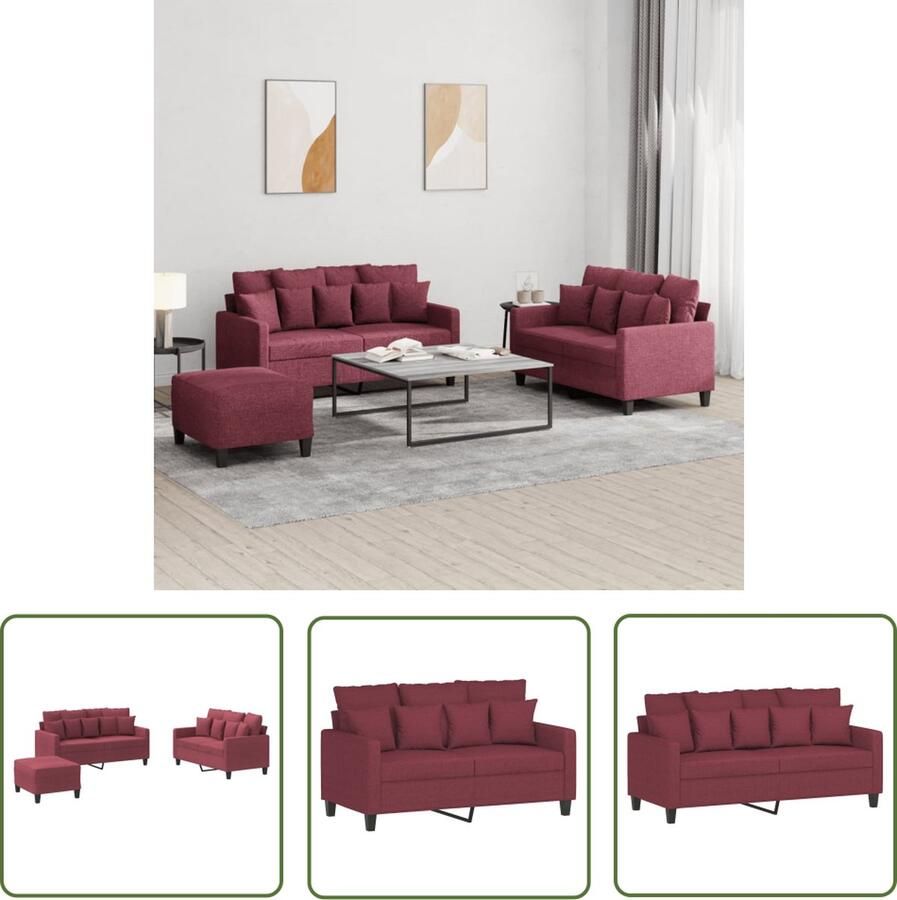 VidaXL The Living Store 3-delige Loungeset met kussens stof wijnrood Loungeset Loungemeubel Tuinset 2 Persoons Bank Rode Bank - Foto 2