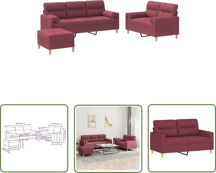 The Living Store Loungeset Wijnrood Stof Metaal Textileen en Multiplex 2- en 3-zitsbank Voetenbank 138 x 77 x 80 cm 198 x 77 x 80 cm inclusief kussens Montage vereist - Foto 2