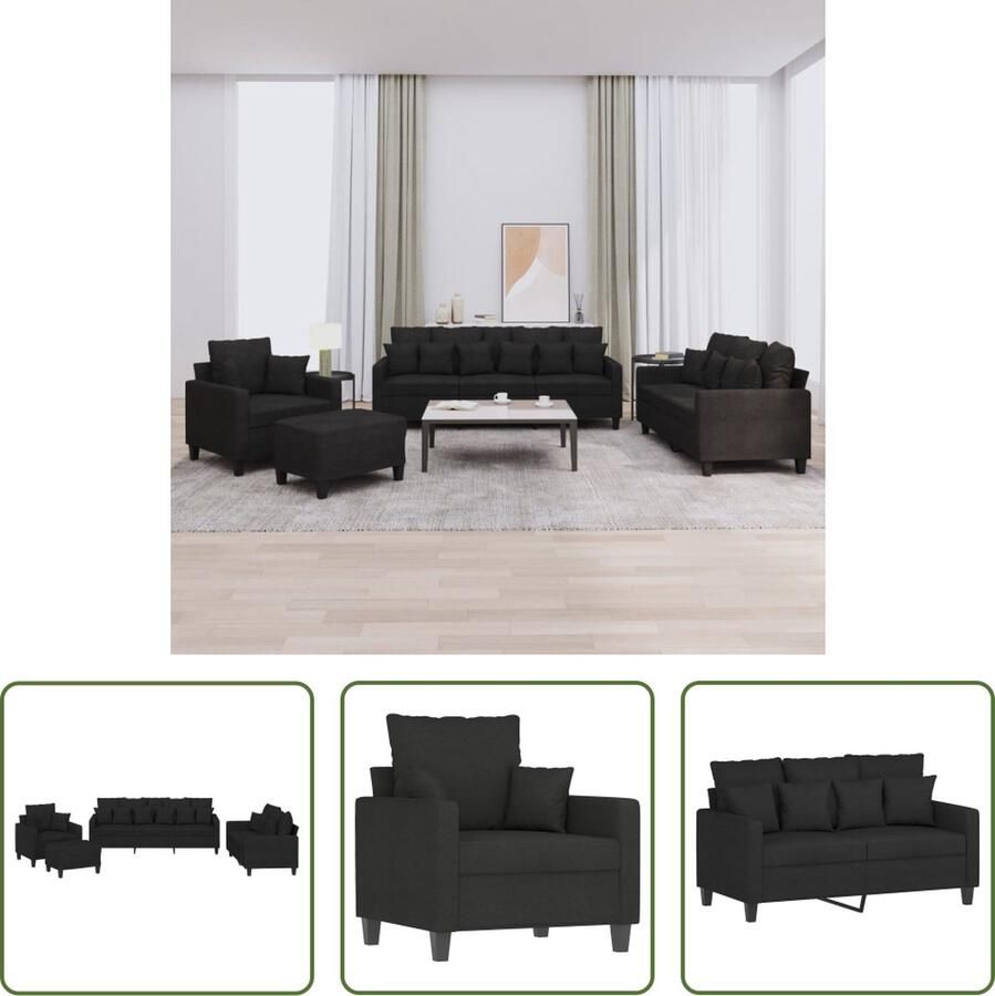 The Living Store Loungeset Zwart Armstoel 78x77x80cm 2-Zitsbank 138x77x80cm 3-Zitsbank 198x77x80cm Voetenbankje 60x50x41cm Inclusief 9 kussens en 12 kussens - Foto 2