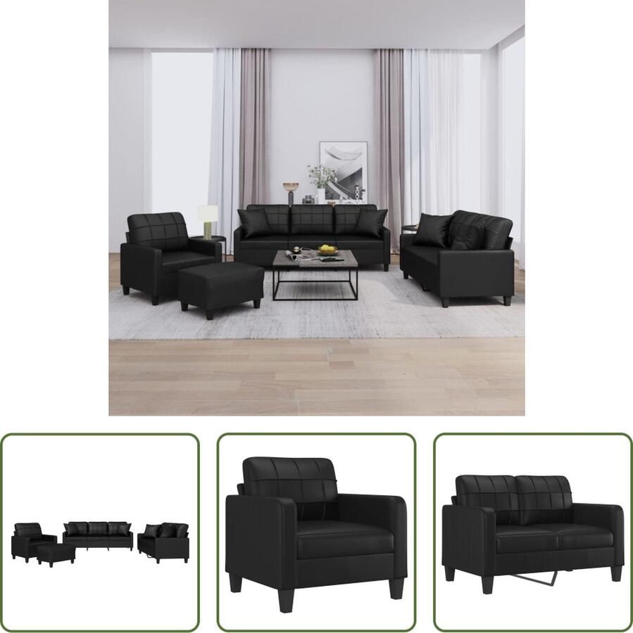 The Living Store Loungeset Zwart Kunstleer Metalen Frame Comfortabele Zitting Praktische Kussens Veelzijdige Voetenbank 78x77x80 cm 138x77x80 cm 198x77x80 cm 60x50x41 cm Montage vereist