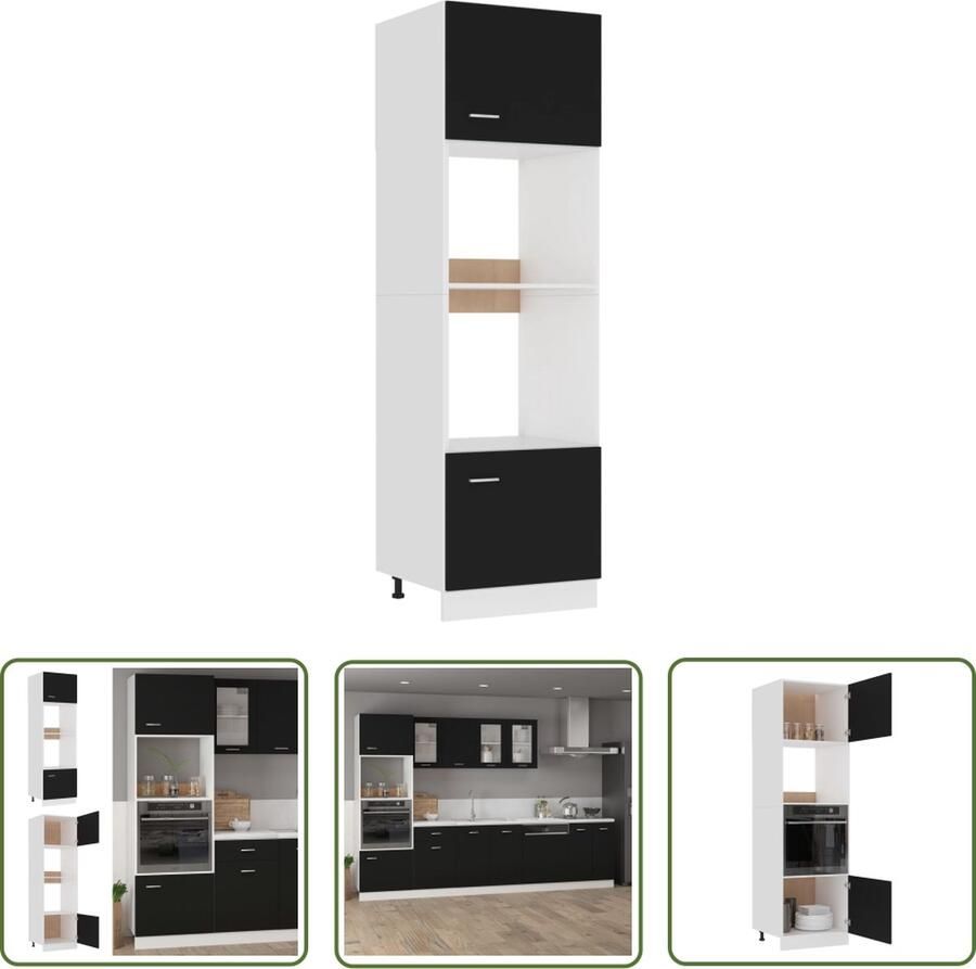 The Living Store Magnetronkast Lyon 60x57x207 cm bewerkt hout zwart Keukenkast Opbergkast Zwarte Kast Houten Kast Kookeiland