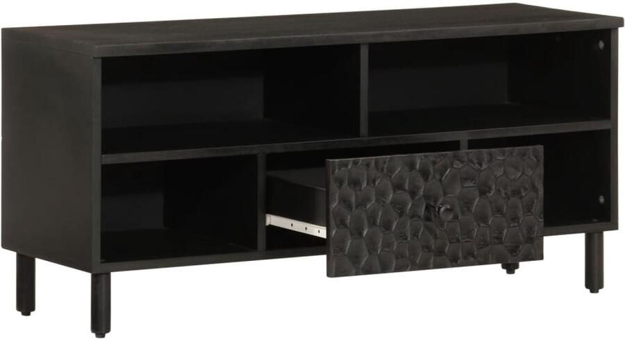 The Living Store Tv-meubel 100x33x46 cm massief mangohout zwart Tv-meubel Mangohout Houten Tv-standaard Zwarte Tv Kast Salontafel - Foto 4