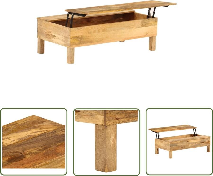 The Living Store Mangohouten Salontafel Retro Stijl 110 x 55 x 35 cm Verstelbaar Blad Groot Opbergvak Massief Materiaal - Foto 2