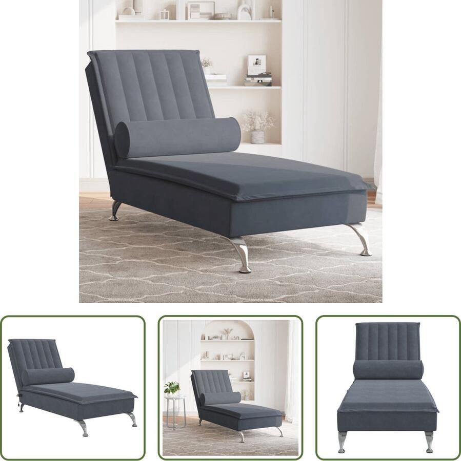 VidaXL Fluweelfauteuil Massage Fauteuil Massage chaise longue met bolster fluweel donkergrijs Loungefauteuil Relaxfauteuil Trilfauteuil