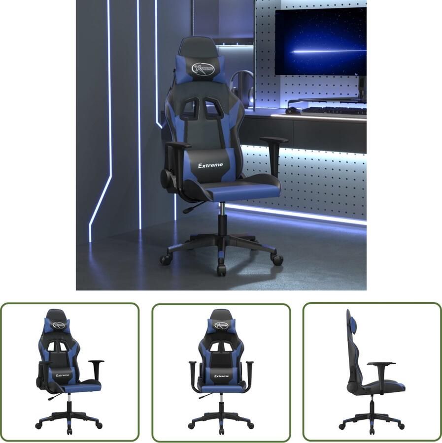 The Living Store Gamestoel Office Chair Zwart Blauw Massagefunctie Verstelbaar Duurzaam Kunstleer Gamestoel Kantoorstoel Massage Functie Ergonomische Stoel Kunstleer