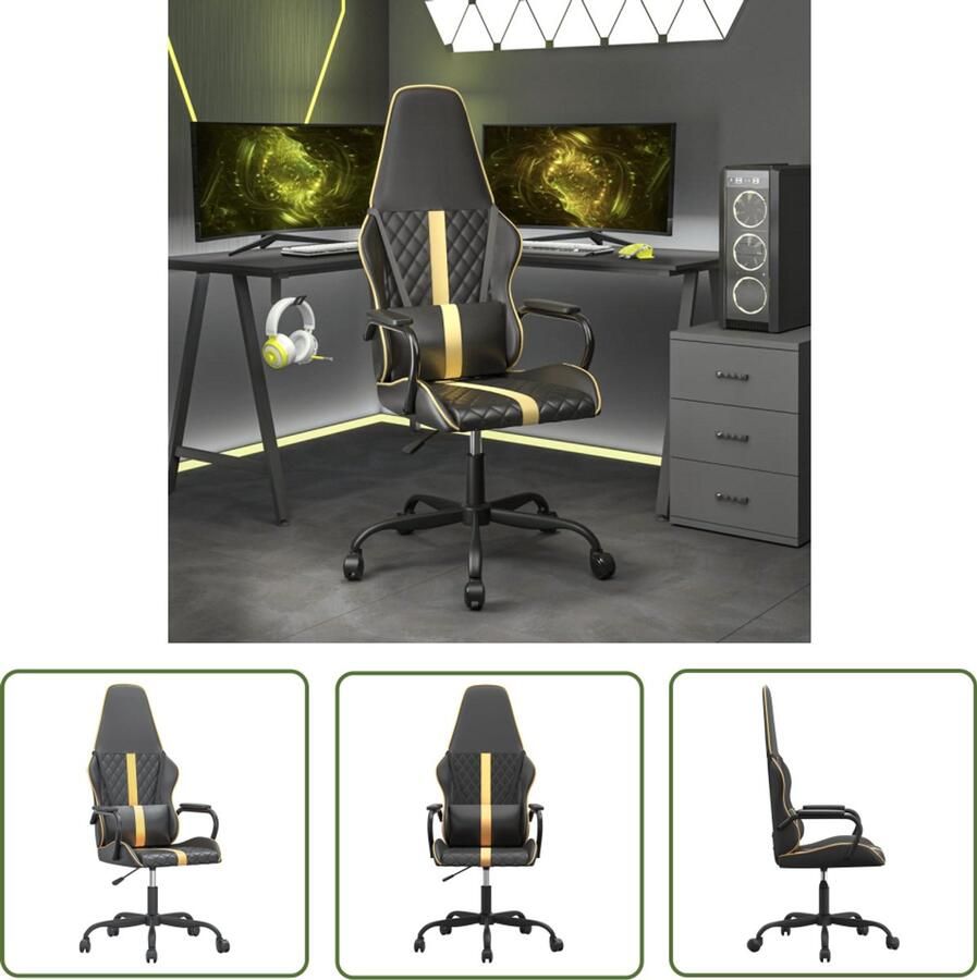 The Living Store Massage gamestoel kunstleer zwart en goudkleurig Massage Fauteuil Gamingstoel Kantoorstoel Ergonomische Stoel Lederlook Stoel