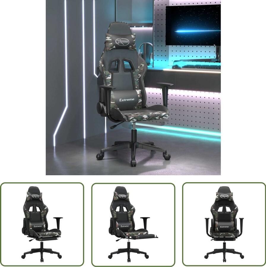 The Living Store Gamestoel Massagefunctie Verstelbaar Duurzaam kunstleer Zwart en camouflage Afmetingen- 67 x 58 x (118 128) cm Gamestoel Gamingstoel Massagefunctie Verstelbare Stoel Kunstleder - Foto 2