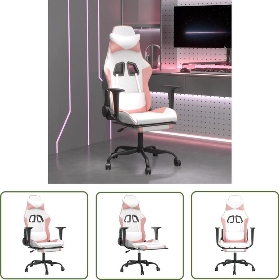 The Living Store Gamestoel Roze Wit Massagefunctie Verstelbare rugleuning Duurzaam kunstleer Stabiel frame Gamestoel Gamingstoel Rozeres Witte Stoel Massagestoel - Foto 2