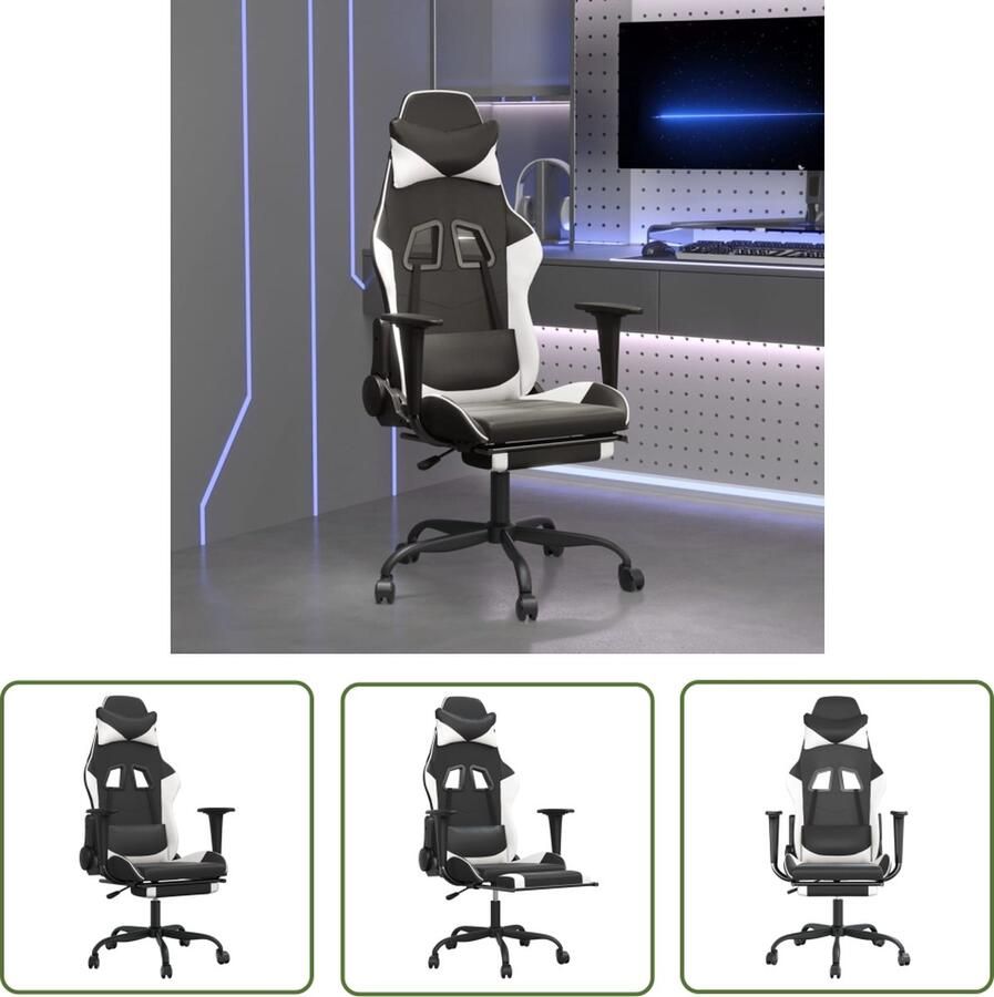 The Living Store Gamestoel Zwart Wit 66 x 56 x (120.5-131) cm Massagefunctie Gamestoel Gamingstoel Massagefunctie Zwarte Gamestoel Witte Gamestoel