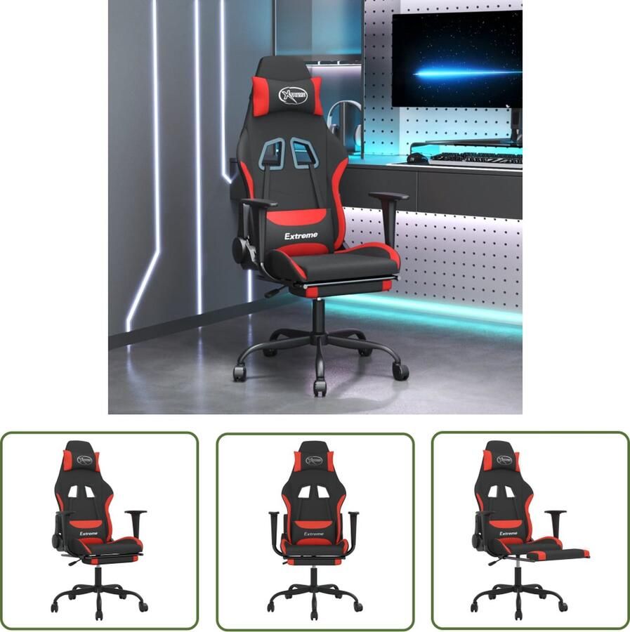 The Living Store Gamestoel Ergonomisch design Massagefunctie Verstelbare rugleuning en voetensteun Stevig en stabiel frame Zwart rood Gamestoel Gamingstoel Ergonomische Stoel Massage Functie Verstelbare Stoel