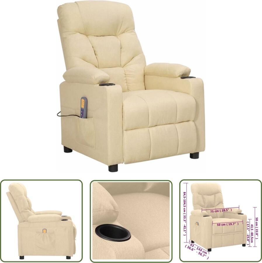 VidaXL Massagefauteuil Massagestoel stof crèmekleurig Relaxstoel Ergonomische Stoel Lounge Stoel - Foto 3