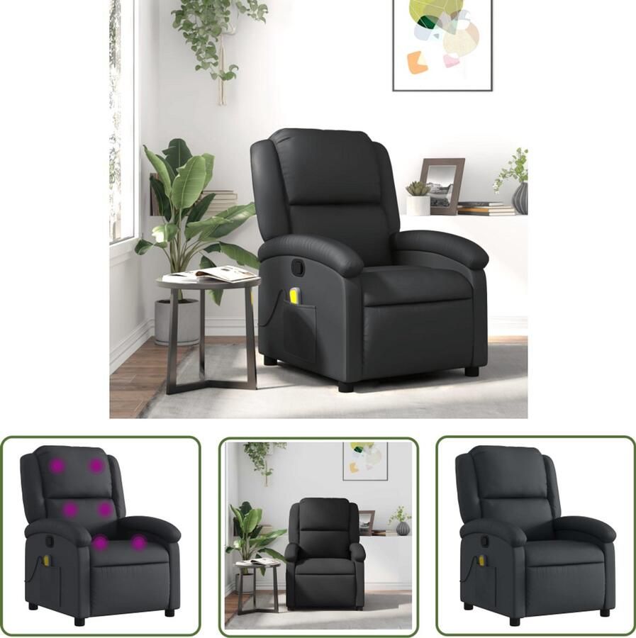 The Living Store Massagestoel echt leer zwart Massagestoel Lederen Fauteuil Relaxfauteuil Elektrische Massage Wellnessstoel