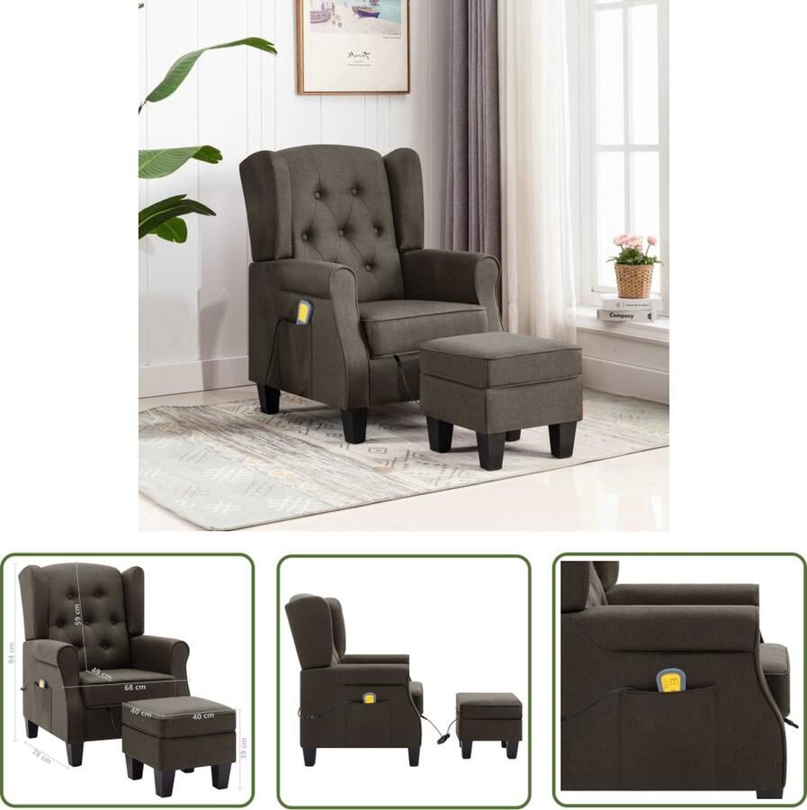 The Living Store Massagestoel Elektrische Stof Houten voeten Hoge rugleuning 4 massagepunten 2 massagepunten Afstandsbediening USB-aansluiting Taupe 68x78x94 cm Montage vereist 110 kg draagvermogen