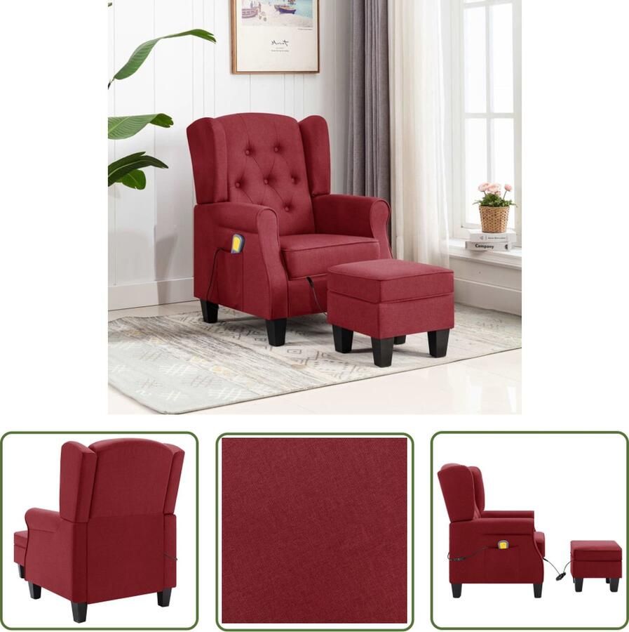 VidaXL The Living Store Massagestoel met voetenbankje stof wijnrood Massagestoel Elektrisch Masseren Massagefauteuil Relaxfauteuil Lounge Stoel - Foto 2