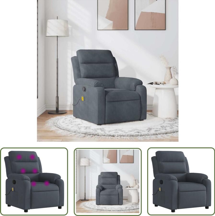 The Living Store Massagestoel verstelbaar fluweel donkergrijs Verstelbare Massagestoel Fluweelstoel Donkere Fauteuils Ergonomische Stoel