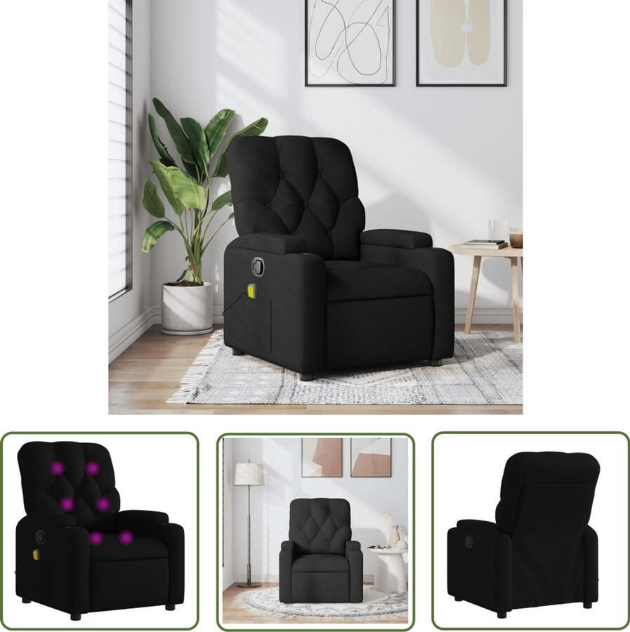The Living Store Massagestoel verstelbaar stof zwart Massagestoel Relaxstoel Ergonomische Stoel Lounge Stoel Elektrische Massage
