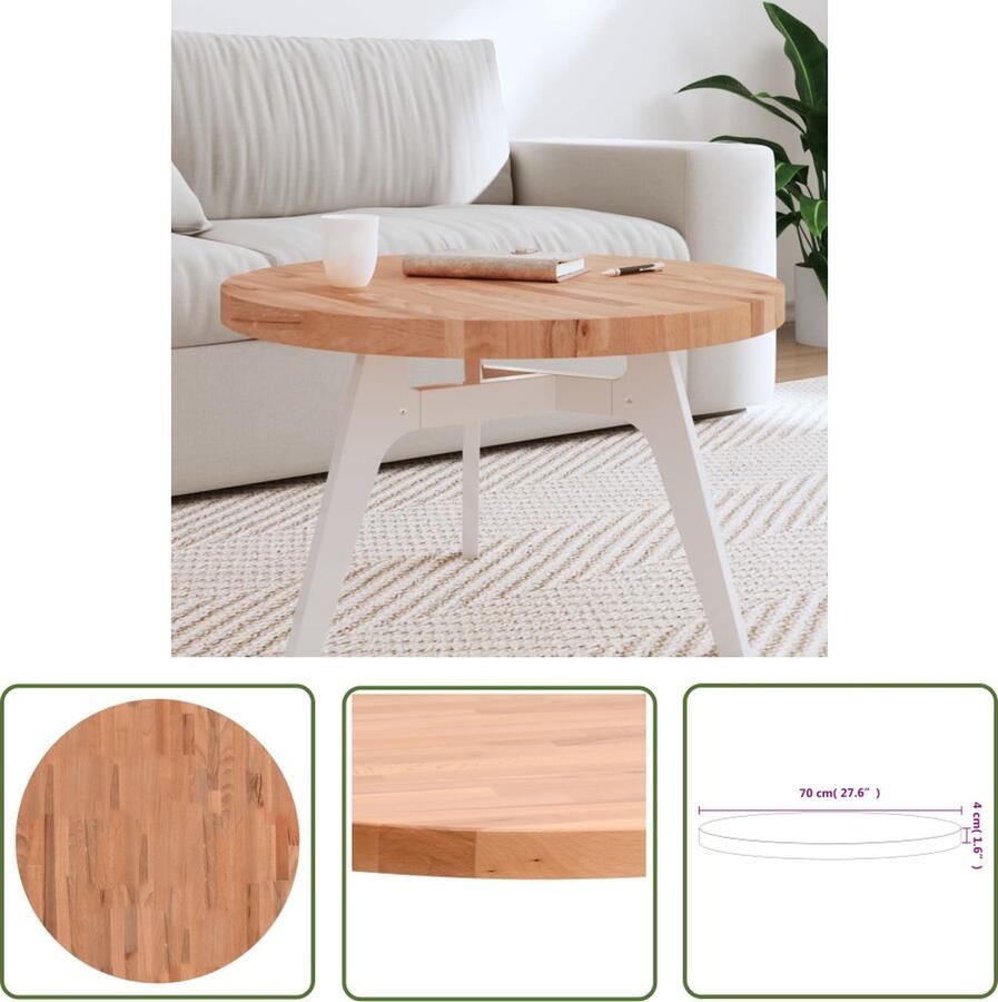 The Living Store Massief beukenhouten Tafelblad 70 x 4 cm Rond Salontafel Blad Tafelblad Vervangen Houten Tafelblad Beukenhouten Tafelblad Ronde Tafelblad - Foto 2