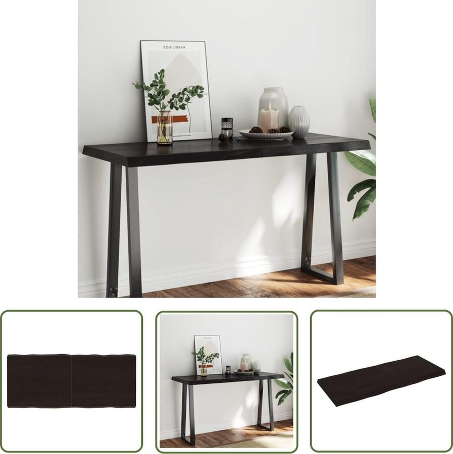 The Living Store Tafelblad natuurlijke rand 140x60x(2-6)cm eikenhout donkerbruin Eikenhouten Tafelblad Vervangen Salontafel Eettafel Massief Eiken - Foto 2