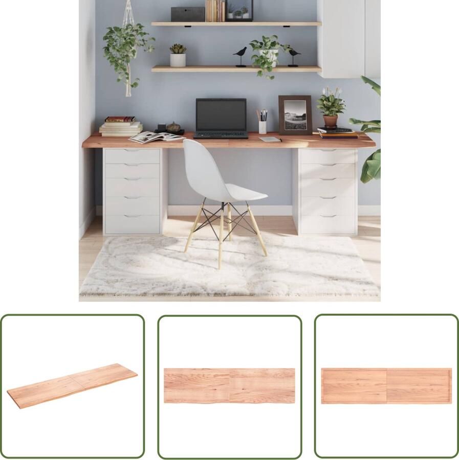 The Living Store Tafelblad 220x60x(2-4)cm behandeld massief eikenhout lichtbruin Massief Eiken Tafelblad Eikenhouten Tafel Tafeltje Vervangen Salontafel Eetkamertafel - Foto 2