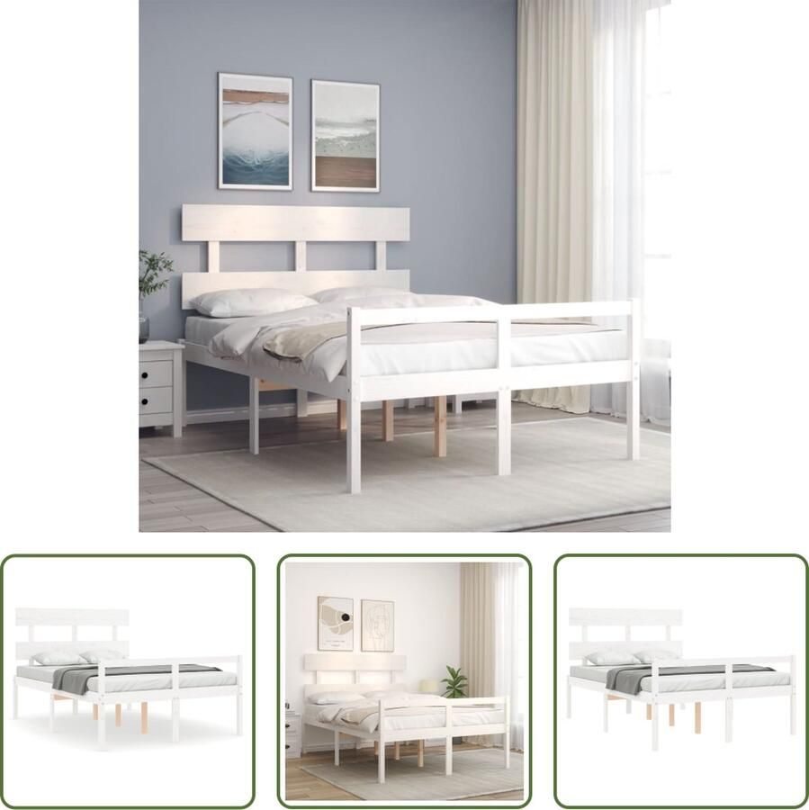 The Living Store Bedframe met hoofdbord massief hout wit 4FT6 Double Bedframe Bedframes Bed Tweepersoonsbed Slaapkamermeubel Houten Bedframe Houten Bed Bedbodem Massief Houten Bedframe Ledikant Bedframe Met Hoofdeinde - Foto 3