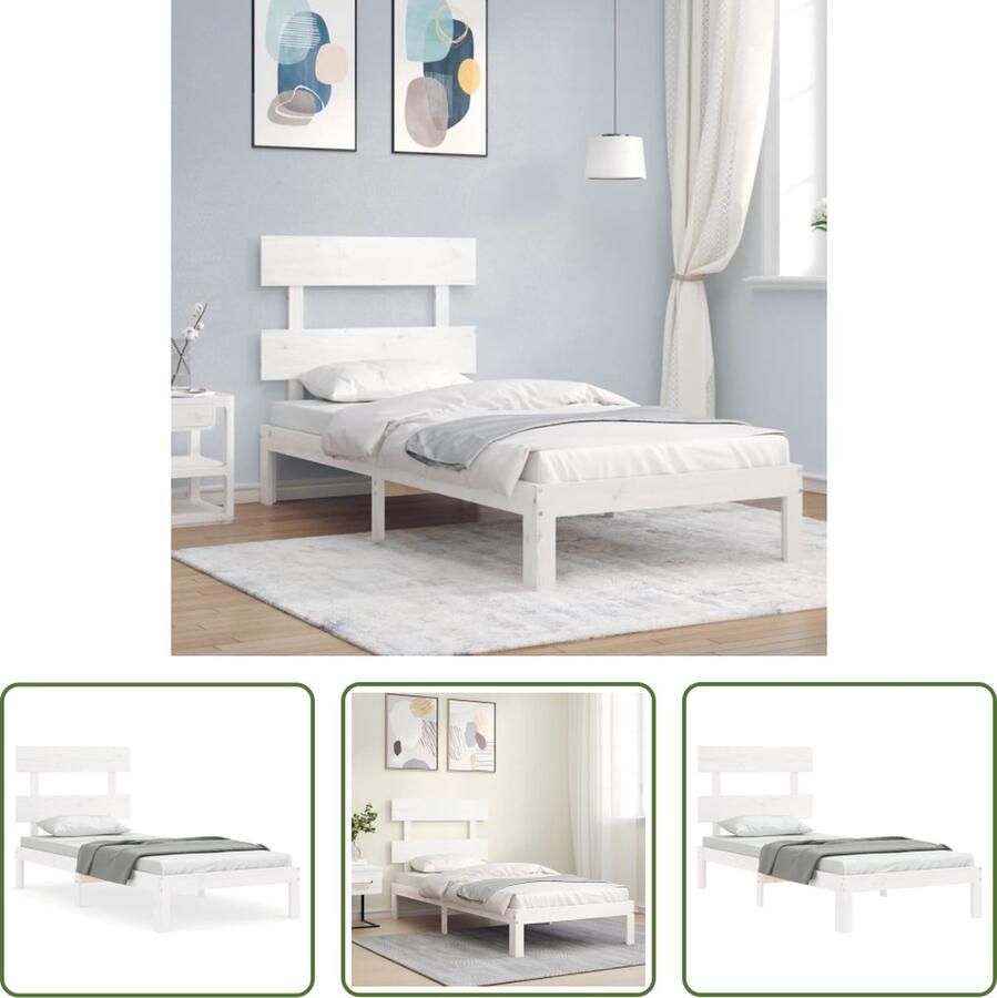 The Living Store Bedframe met hoofdbord massief hout wit 100x200 cm Bedframe Bedframes Bed Eenpersoonsbed Slaapkamermeubel Houten Bedframe Houten Bed Bedbodem Massief Houten Bedframe Ledikant Bedframe Met Hoofdeinde - Foto 3