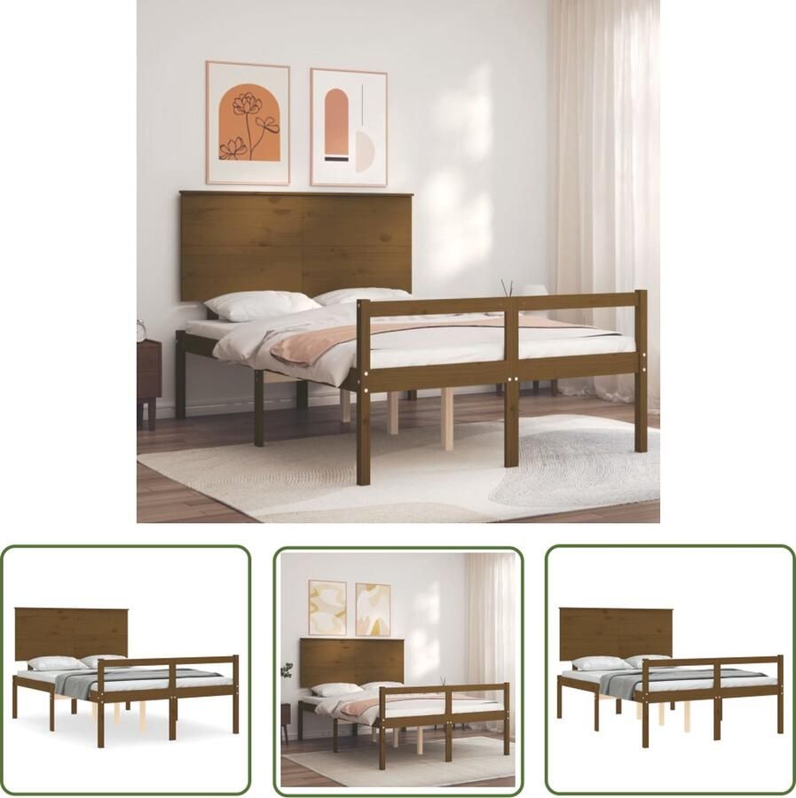 The Living Store Bedframe met hoofdbord massief hout honingbruin 4FT6 Double Bedframe Bedframes Bed Tweepersoonsbed Slaapkamermeubel Houten Bedframe Houten Bed Bedbodem Massief Houten Bedframe Ledikant Bedframe Met Hoofdeinde - Foto 2