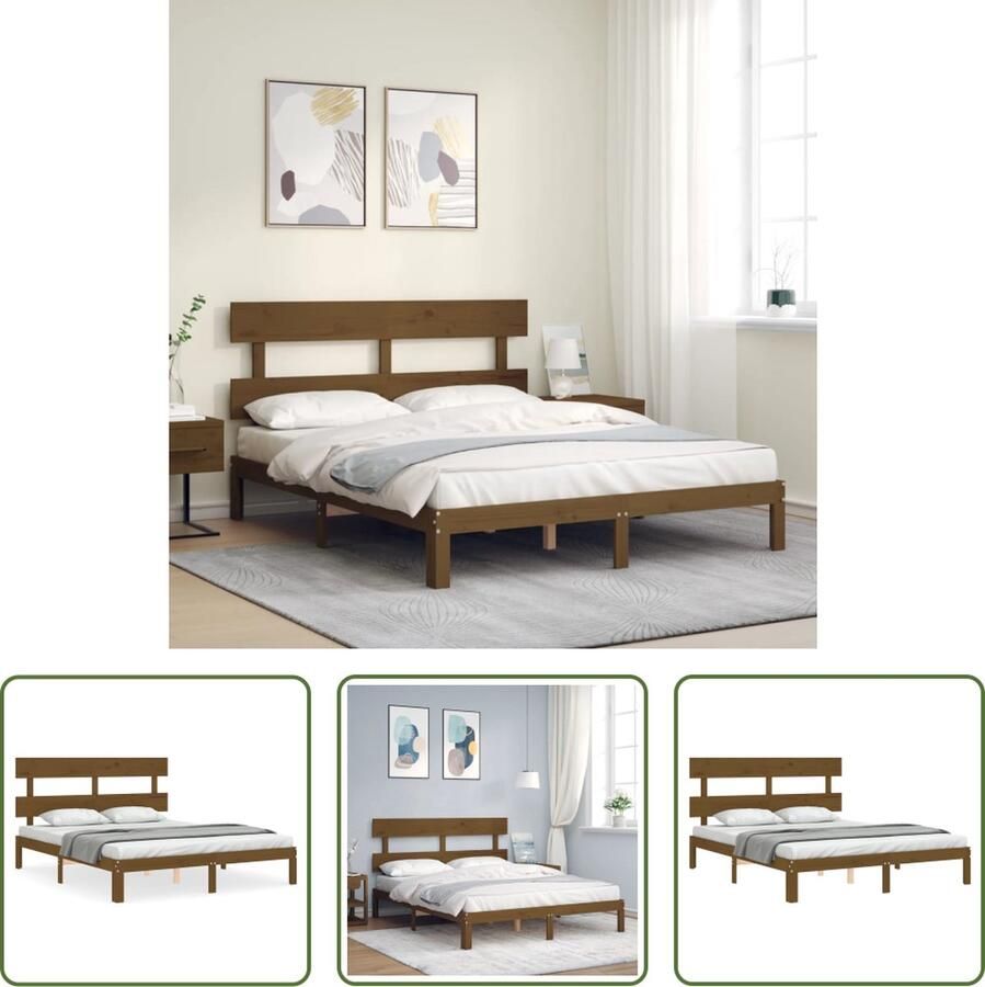 The Living Store Massief Grenenhouten Bedframe Honingbruin 203.5 x 163.5 x 81 cm Multiplex Lattenbodem Matras niet inbegrepen Montage vereist