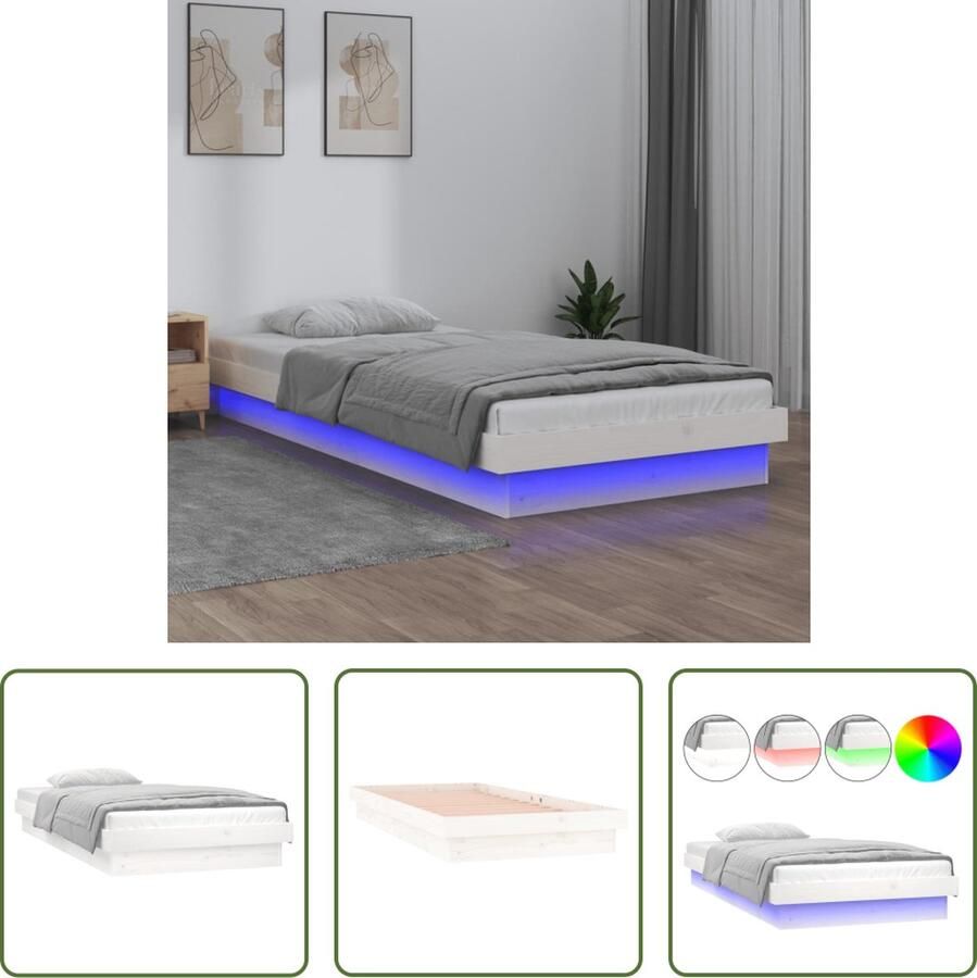 The Living Store Massief grenenhouten bedframe Kleurrijke LED-verlichting 100 x 200 cm USB-aansluiting Massief Hout Bed Led Verlichting Bed Grenenhout Bed Frame Tweepersoons Bed