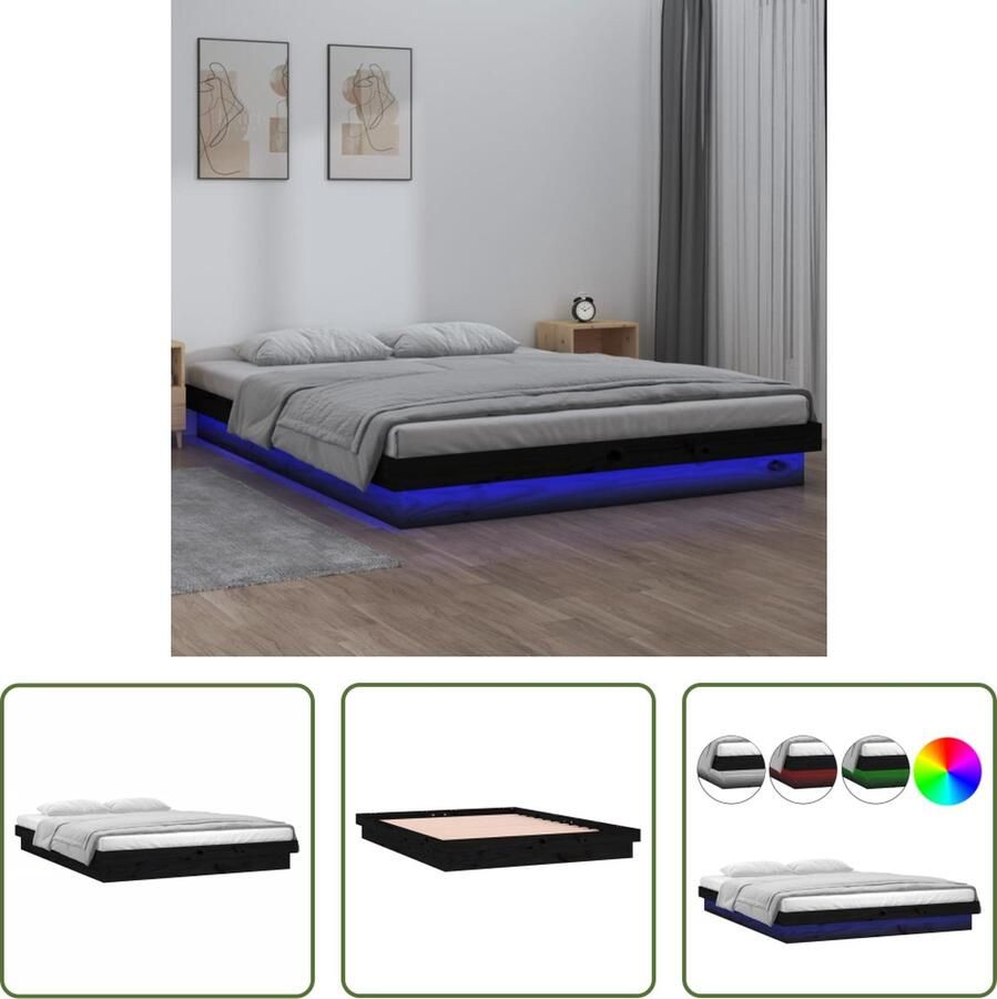 The Living Store Massief Grenenhouten Bedframe LED-Verlichting 150x200 cm Zwart