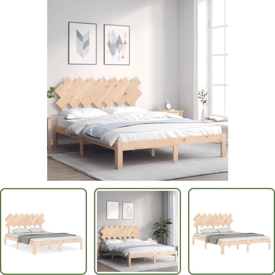 The Living Store Massief Grenenhouten Bedframe Praktisch en Decoratief Afmeting- 203.5 x 143.5 x 80.5 cm Uitstekende Ondersteuning Massief Hout Bed Frame Grenenhout Bed Tweepersoons Bed Slaapcomfort Bed Met Hoofdbord