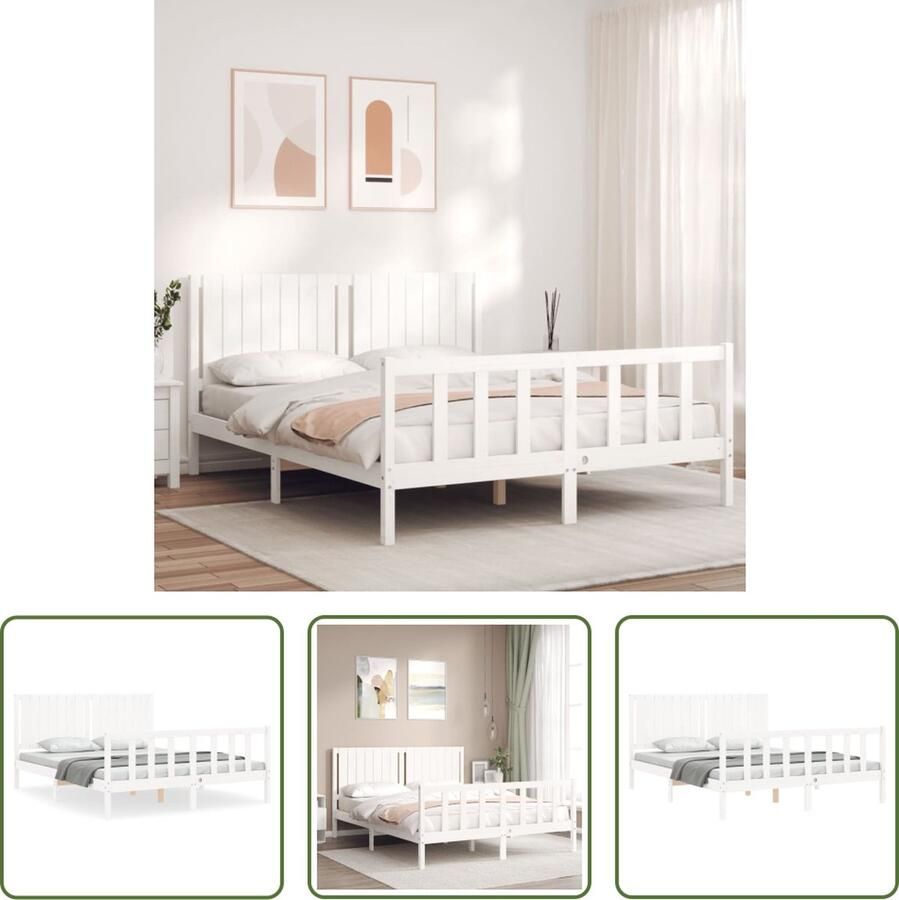 The Living Store Bedframe met hoofdbord massief hout wit 160x200 cm Bedframe Bedframes Bed Tweepersoonsbed Slaapkamermeubel Houten Bedframe Houten Bed Bedbodem Massief Houten Bedframe Ledikant Bedframe Met Hoofdeinde - Foto 4