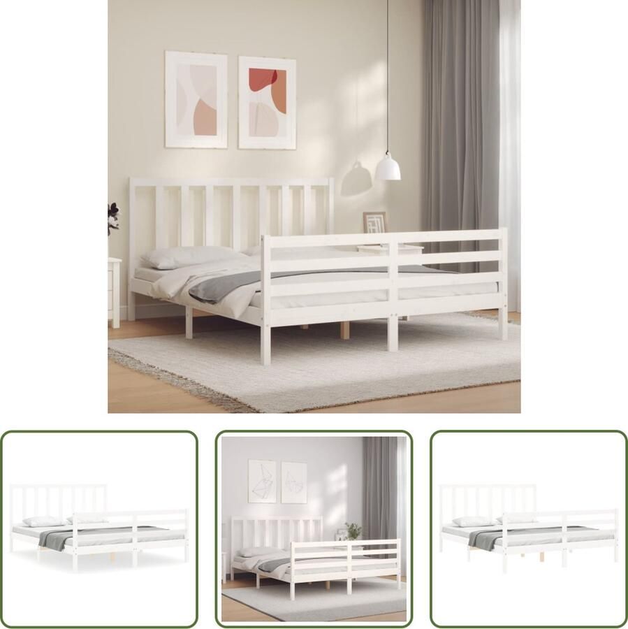 The Living Store Bedframe met hoofdbord massief hout wit 160x200 cm Bedframe Bedframes Bed Tweepersoonsbed Slaapkamermeubel Houten Bedframe Houten Bed Bedbodem Massief Houten Bedframe Ledikant Bedframe Met Hoofdeinde - Foto 4