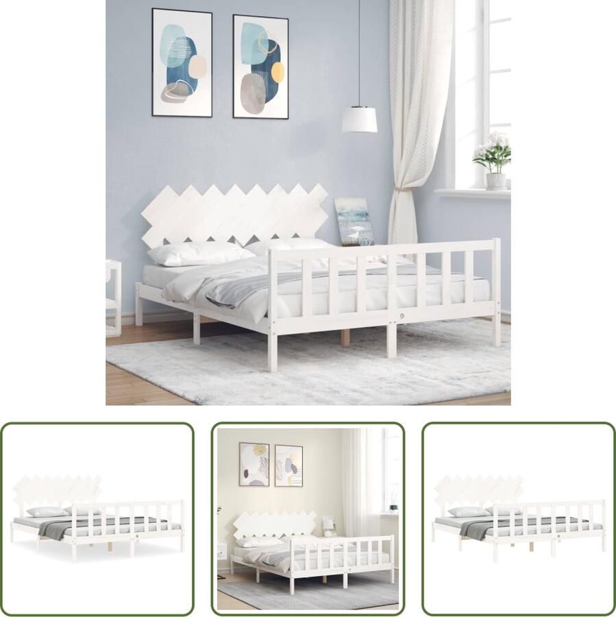 The Living Store Bedframe met hoofdbord massief hout wit 160x200 cm Bedframe Bedframes Bed Tweepersoonsbed Slaapkamermeubel Houten Bedframe Houten Bed Bedbodem Massief Houten Bedframe Ledikant Bedframe Met Hoofdeinde - Foto 2