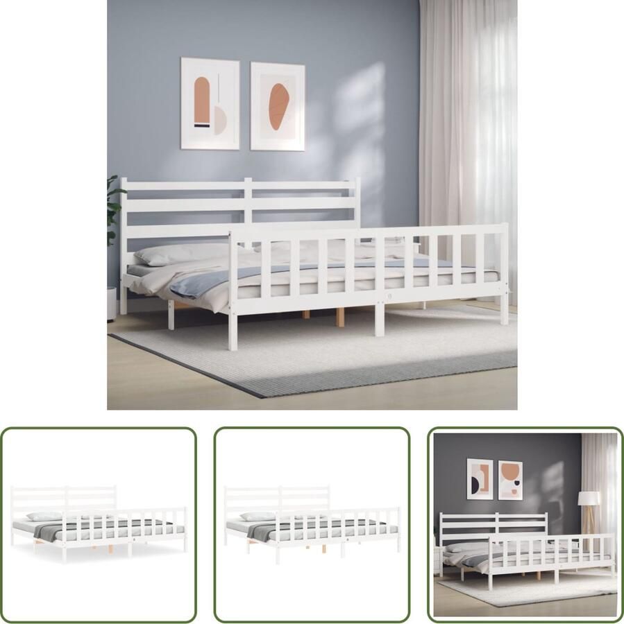 The Living Store Bedframe met hoofdbord massief hout wit 200x200 cm Bedframe Bedframes Bed Tweepersoonsbed Slaapkamermeubel Houten Bedframe Houten Bed Bedbodem Massief Houten Bedframe Ledikant Bedframe Met Hoofdeinde - Foto 2