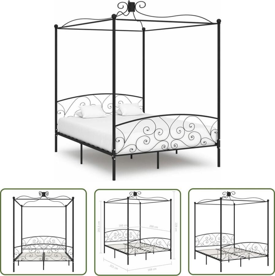 The Living Store Metalen Hemelbedframe 211 x 169 x 227 cm Zwart Massief Metaal Inclusief Lattenbodem Voor Matras 160 x 200 cm Verfijnd Ontwerp Metalen Hemelbed Houten Bed Frame Tweepersoons Bed Hoofdbord Bed King Size Bed