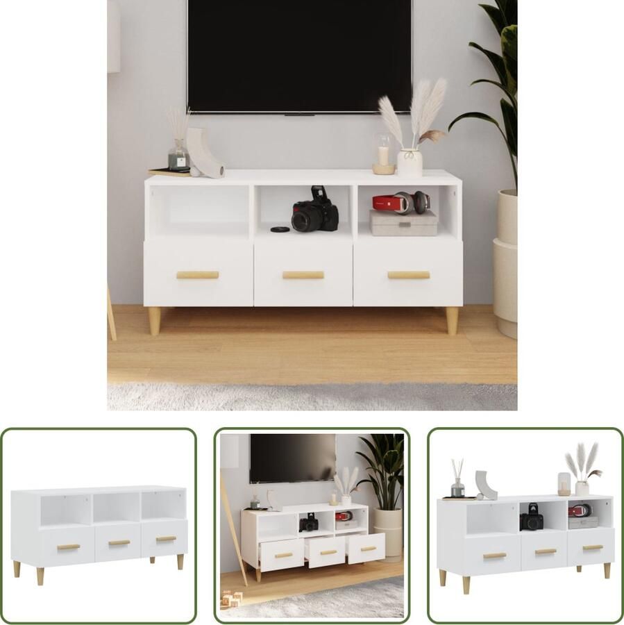 The Living Store TV-meubel Basic Wit 102 x 36 x 50 cm Bewerkt hout en massief eucalyptushout Tv-meubel Houten Tv-stand Tv Kast Mediastand White Furniture - Foto 2