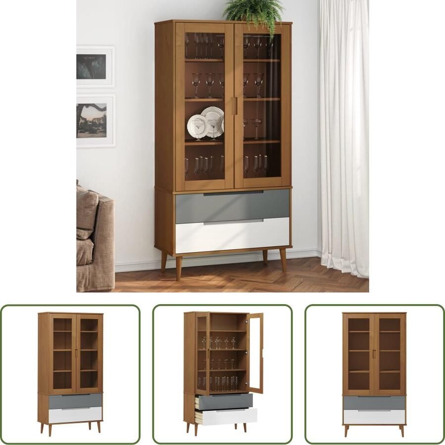 The Living Store MOLDE Vitrinekast 90 x 35 x 175 cm Massief Grenenhout met UV-vernis - Foto 2