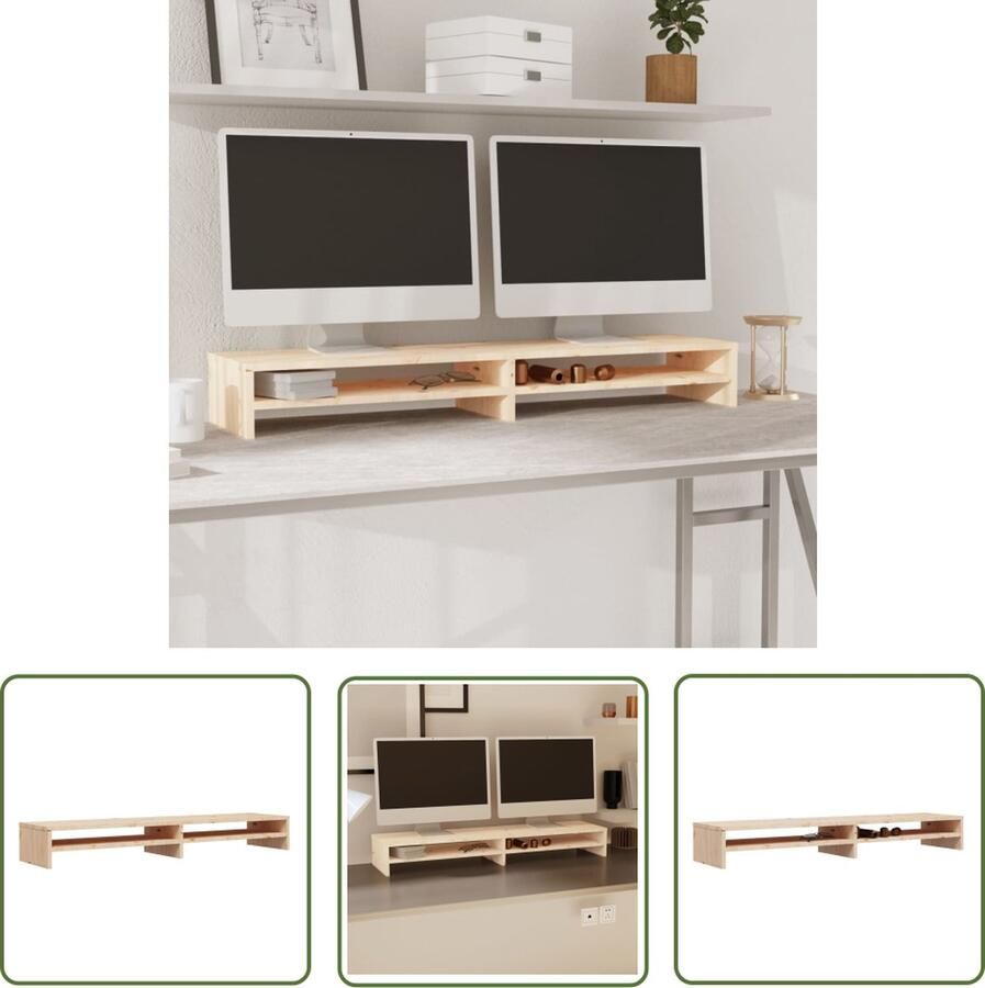 The Living Store Monitorstandaard Massief Grenenhout Opbergfunctie Stressverminderend 100x24x13cm Inclusief opbergschappen - Foto 2