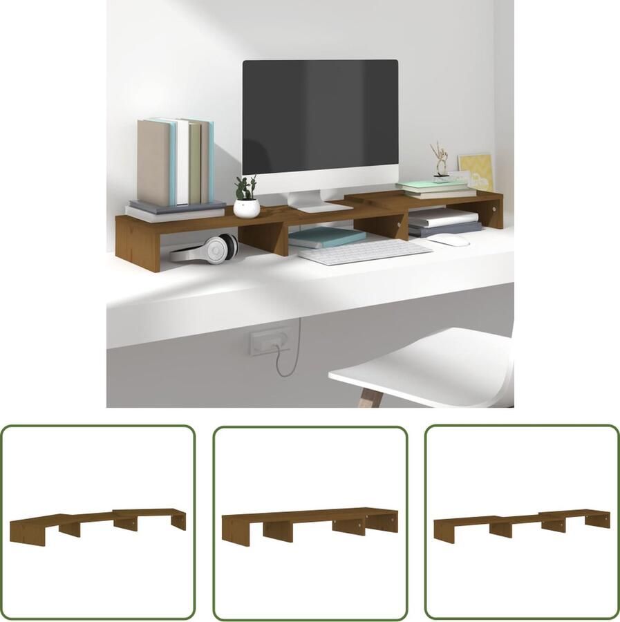 The Living Store Monitorstandaard Verhoging Honingbruin Grenenhout 80 x 24 x 10.5 cm Monitorstandaard Monitor Verhoger Computer Accessoires Bureaustandaard Hout Stand - Foto 2