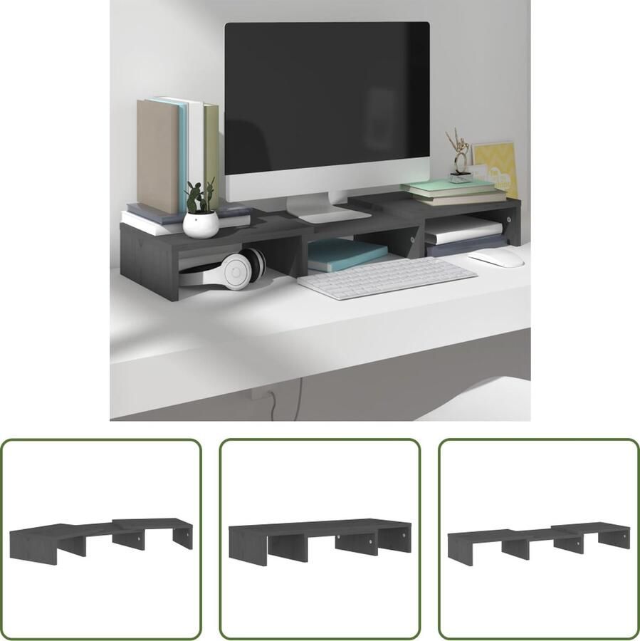 The Living Store Monitorstandaard Verstelbaar Opbergfunctie Spanningverlagend Grijs 60 x 24 x 10.5 cm Massief Grenenhout - Foto 2