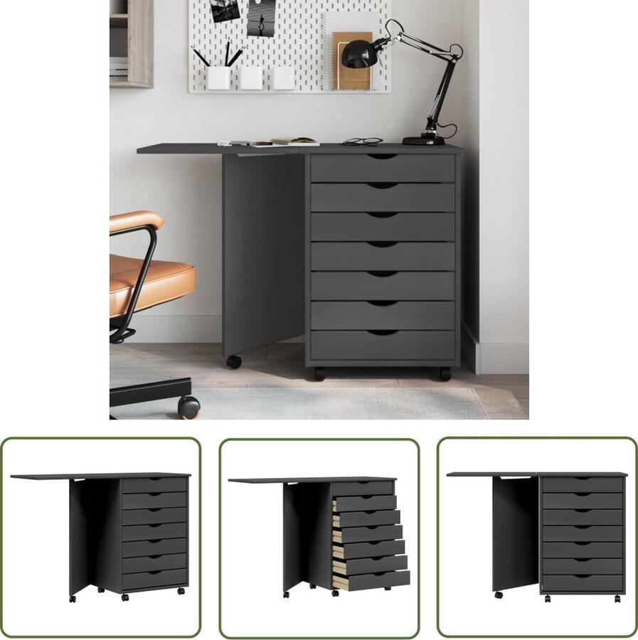 The Living Store MOSS Verrijdbare Kast met Bureaublad 105.5 x 39 x 74.5 cm Grijs Verrijdbare Kast Opbergkast Buro Houten Kast Grenoble Meubels