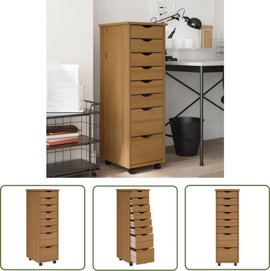 The Living Store Ladekast MOSS verrijdbaar massief grenenhout honingbruin Verrijdbare Ladekast Houten Ladekast Opbergkast Ladeblokje Bureaustool - Foto 2