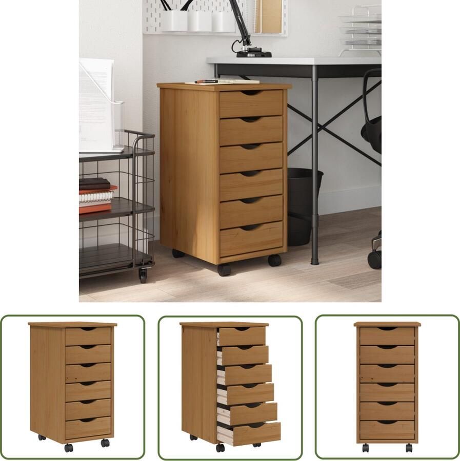 The Living Store MOSS Verrijdbare Ladekast 34 x 39 x 65.5 cm Honingbruin Massief grenenhout Verrijdbare Ladekast Houten Kast Opbergkast Buro Accessoires Ladekast Met Wielen - Foto 2