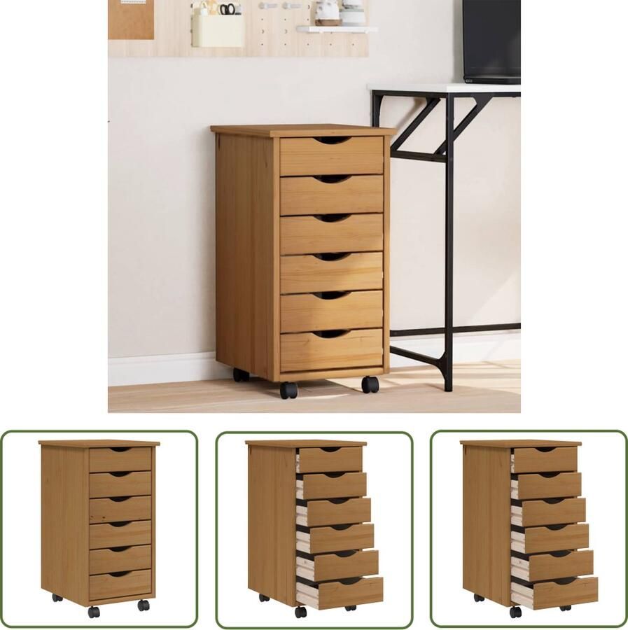 The Living Store MOSS Verrijdbare Ladekast 34 x 39 x 65.5 cm Honingbruin Massief grenenhout Verrijdbare Ladekast Houten Kast Opbergkast Buro Accessoires Ladekast Met Wielen