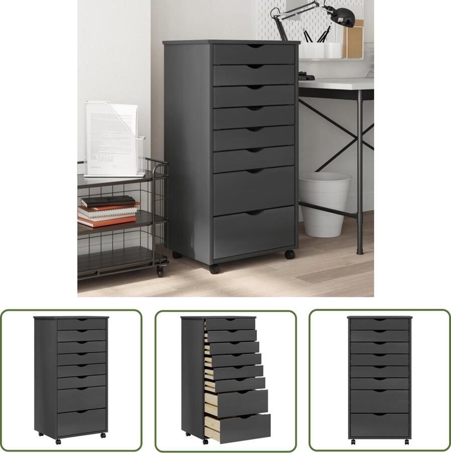 The Living Store MOSS Verrijdbare Ladekast 53x39x103 cm Massief grenenhout Grijs Verrijdbare Ladekast Houten Ladekast Opbergkast Ladenkast Bureauladekast - Foto 2