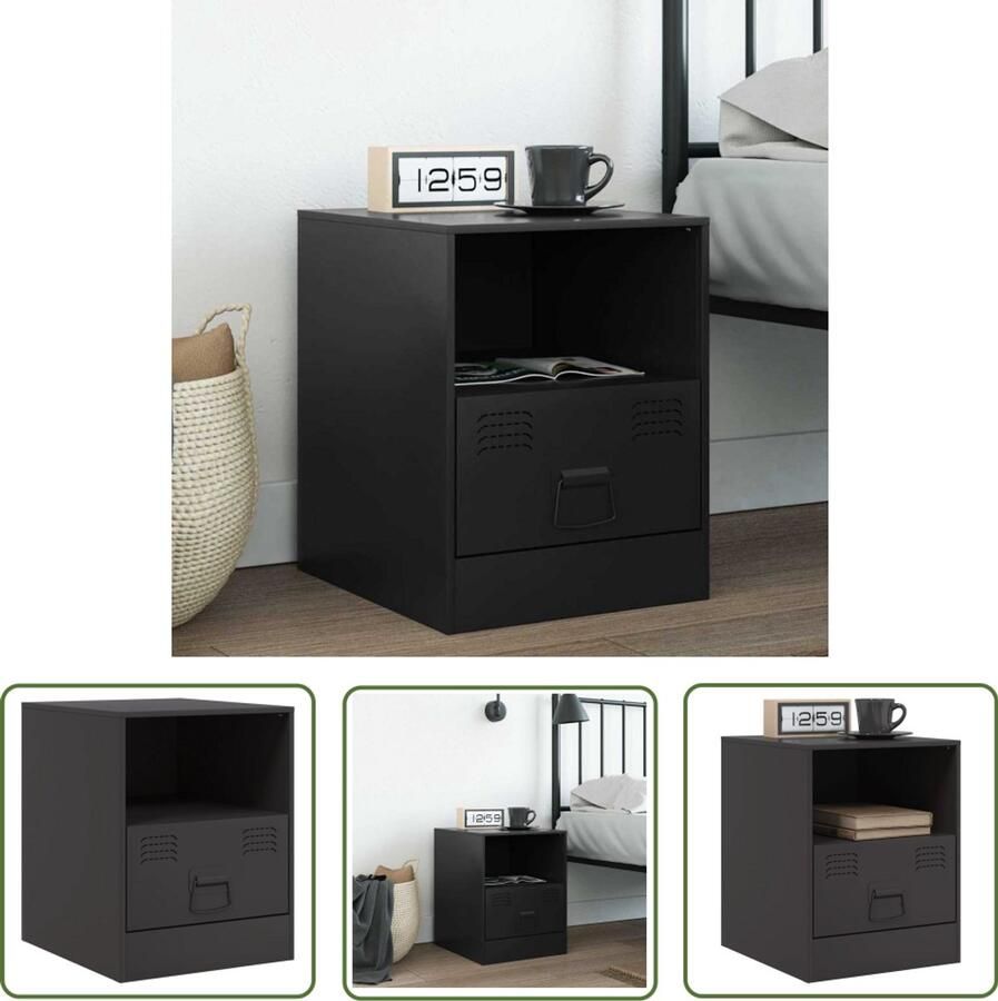 The Living Store Nachtkastje 34 5x39x44 cm staal zwart Nachtkastje Nachtkastjes Staal Nachtkast Zwarte Nachtkast Industriële Nachtkast