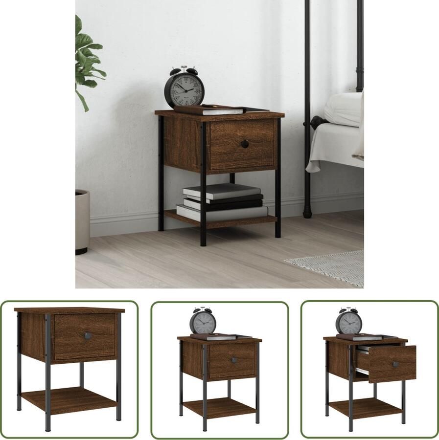 The Living Store Nachtkastje Bruineiken 34 x 35.5 x 45 cm Duurzaam hout en ijzer Nachtkastje Kast Meubilair Slaapkamermeubel Houten Kast - Foto 2